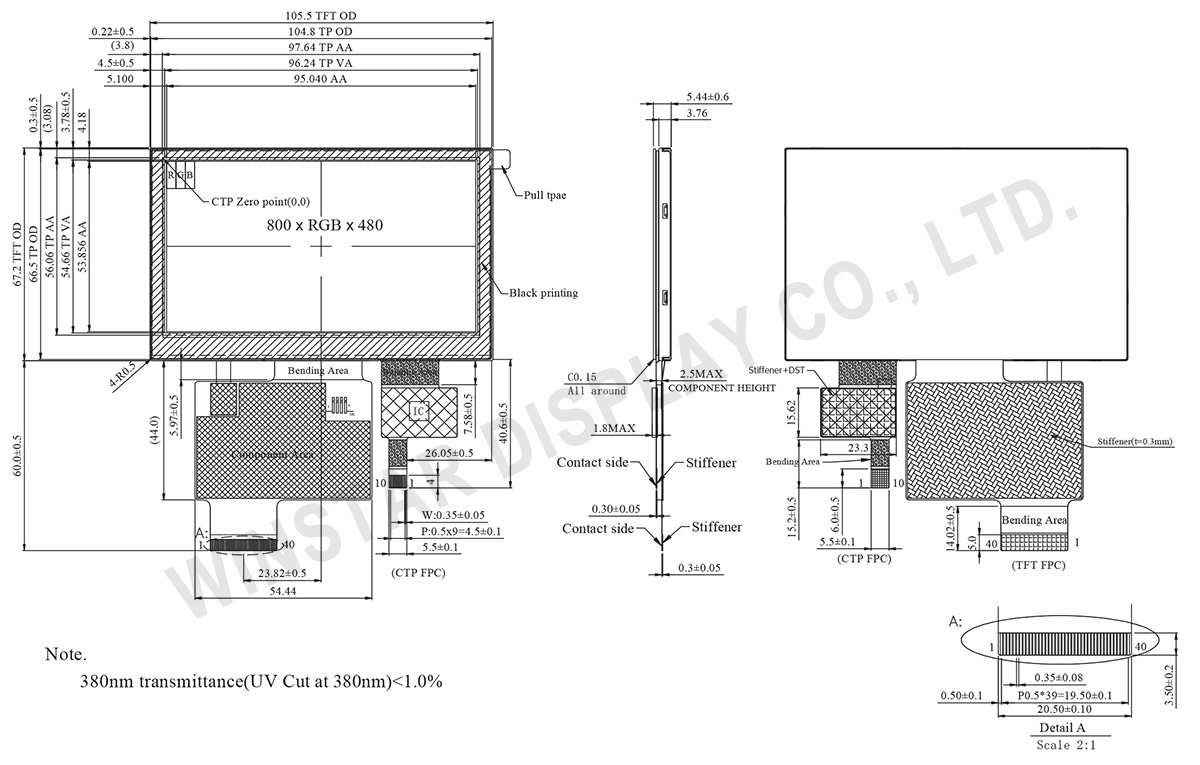 4.3 inch High Brightness 800x480 IPS TFT Display with PCAP - WF43XSWAGDNG0