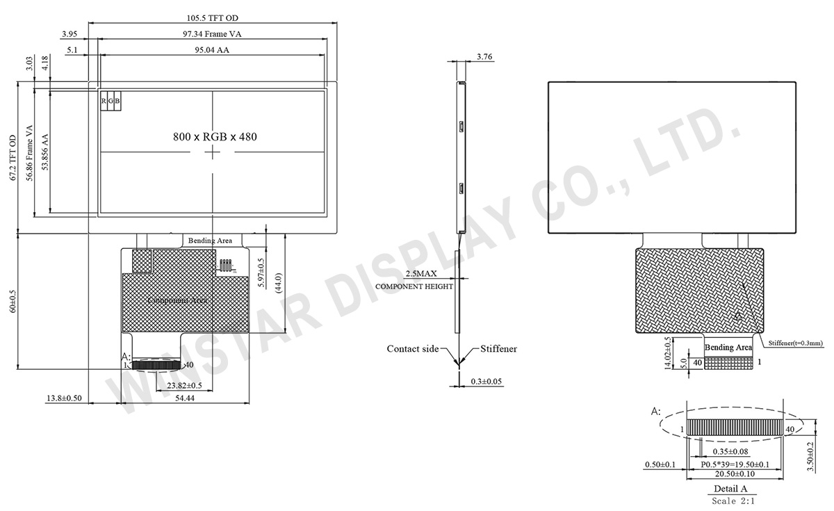 4.3 inch High Brightness 800x480 TFT LCD Display - WF43XSWAGDNN0