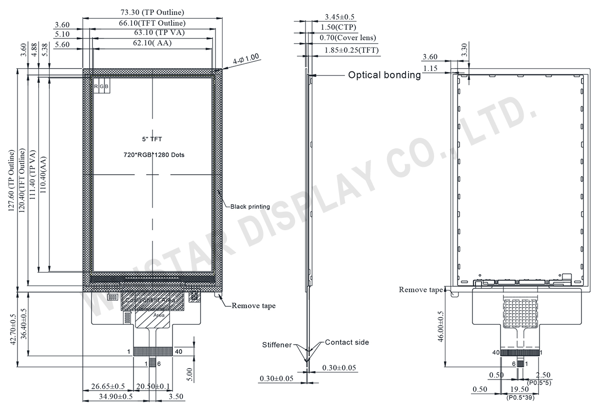 Projected Capacitive Touch Panel IPS TFT 5 with Optical Bonding (MIPI DSI) - WF50DTYA3MNG10