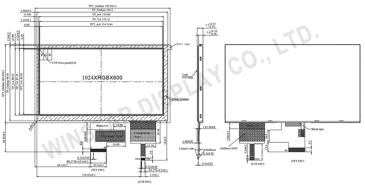 7 inch1024x600 LVDS IPS PCAP TFT LCD Panel - WF70A8TYAHLNGB