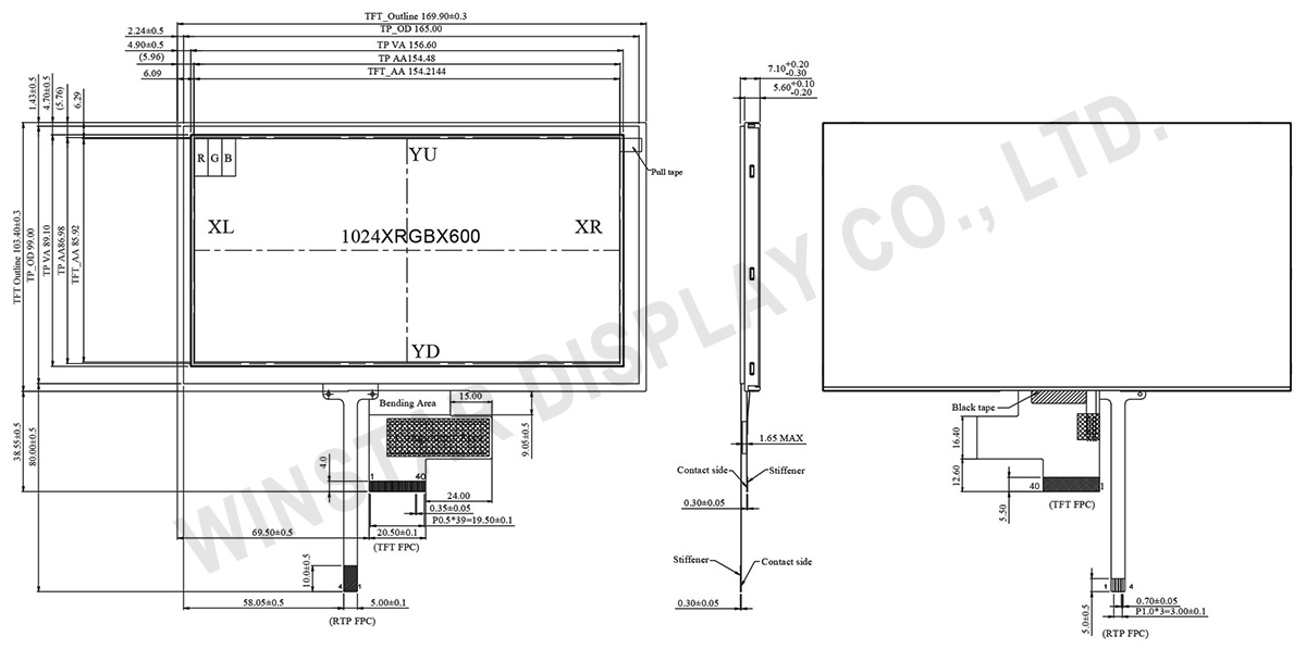 7-inch 1024x600 LVDS IPS TFT LCD Display with Resistive Touch Panel - WF70A8TYAHLNT0