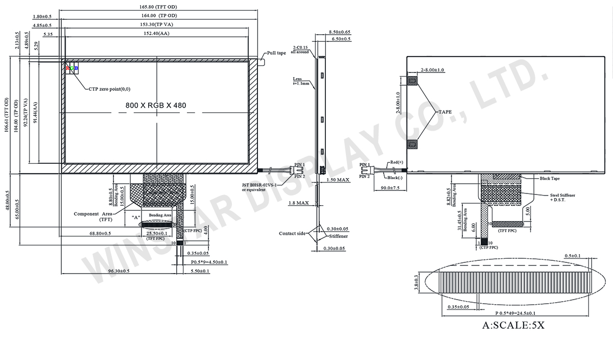 7-inch 800x480 High Brightness, Wide Temperature IPS TFT Display with 5-Point PCAP Touch - WF70A9SWAGDNG0