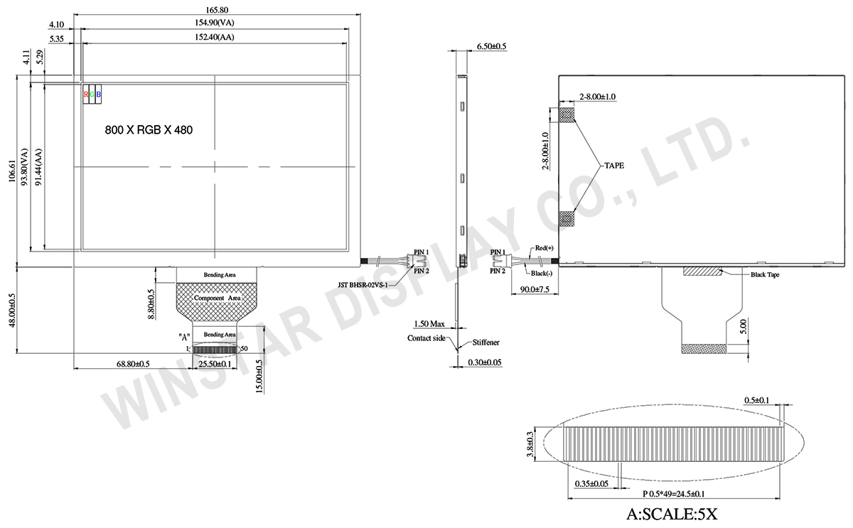 7 inch 800x480 High Brightness, Wide Temperature IPS TFT LCD Panel - WF70A9SWAGDNN0