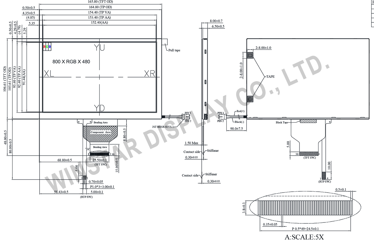 7 inch 800x480 High Brightness, Wide Temperature IPS TFT LCD Panel - WF70A9SWAGDNT0