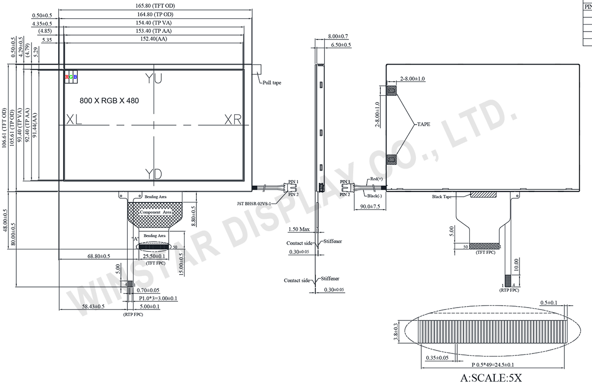 7-inch IPS TFT LCD Display, 800x480, Wide Temperature, with Resistive Touch - WF70A9TWAGDNT0