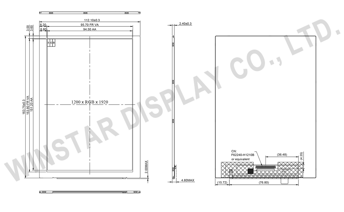 TFT-LCD Display 7 inch IPS 1200x1920 MIPI 10:16 RGB-STRIPE - WF70C6TYAB5MNN0