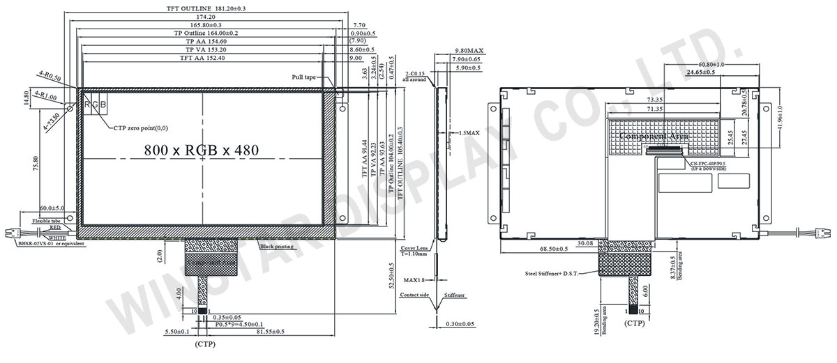 7 inch IPS Display, IPS Display 7 inch, 7 inch Wide Temperature, Sunlight Viewable IPS TFT Display with PCAP Touch - WF70D2SWGGDNG0