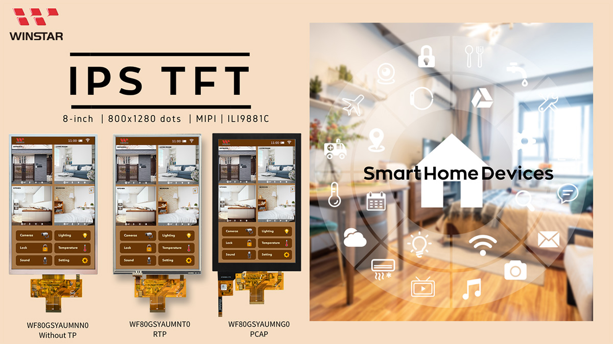 The WF80GSYAUMNT0 8-inch display finds wide applications, especially in vertical screen orientations suitable for vending machines, ship control panels, home surveillance systems, and smart door locks.