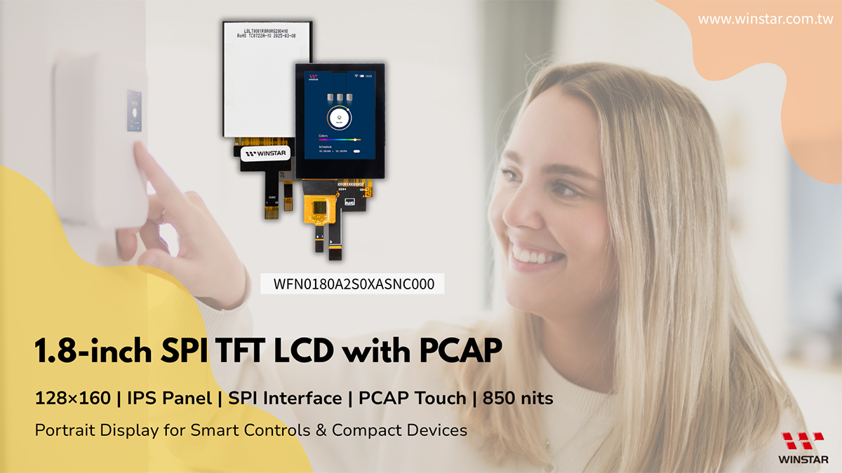 1.8-inch SPI TFT LCD with PCAP, 128x160, IPS Panel, SPI, PCAP Touch, 850 nits : Portrait Display for Smart Controls & Compact Devices - WFN0180A2S0XASNC000