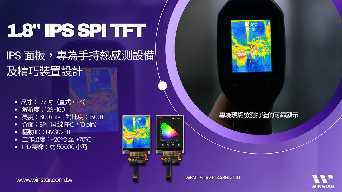 1.8 吋 IPS SPI TFT：適用於手持式熱成像工具與小型裝置的 IPS 面板｜現場診斷的穩定顯示選擇 - WFN0180A2T0XASNN000