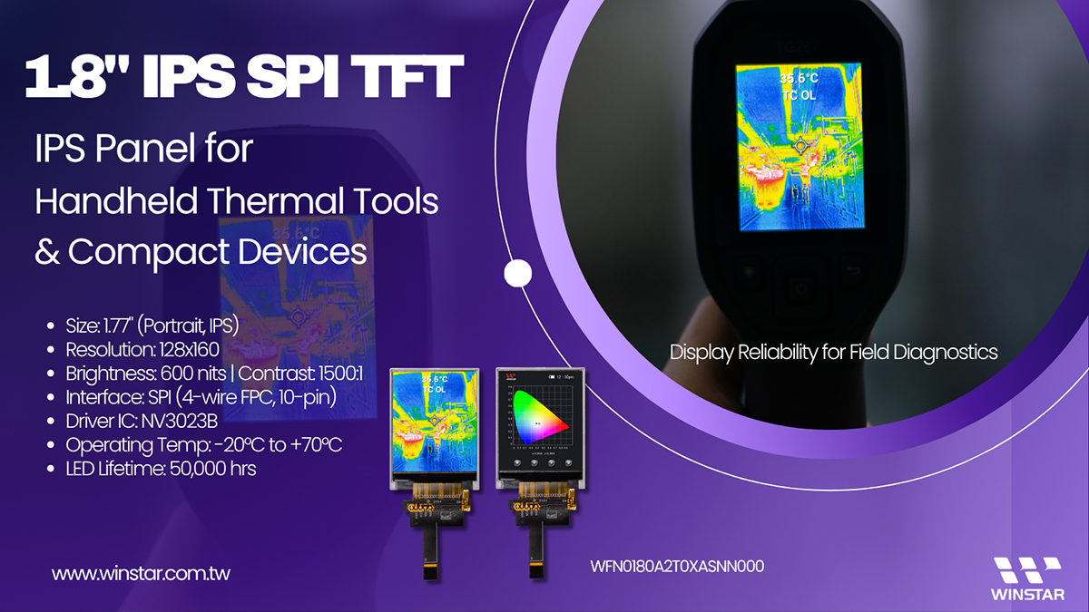 1.8-inch IPS SPI TFT : IPS Panel for Handheld Thermal Tools & Compact Devices | Display Reliability for Field Diagnostics - WFN0180A2T0XASNN000