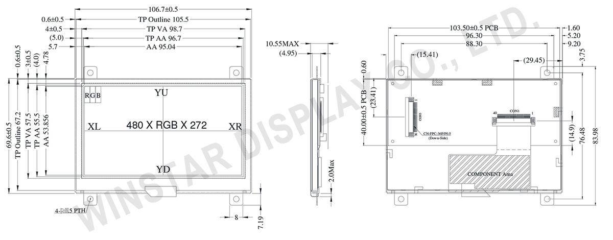 4.3" Resistive Touch TFT Panel with LCD Display Controller Board - WF43PTIBEDBTD