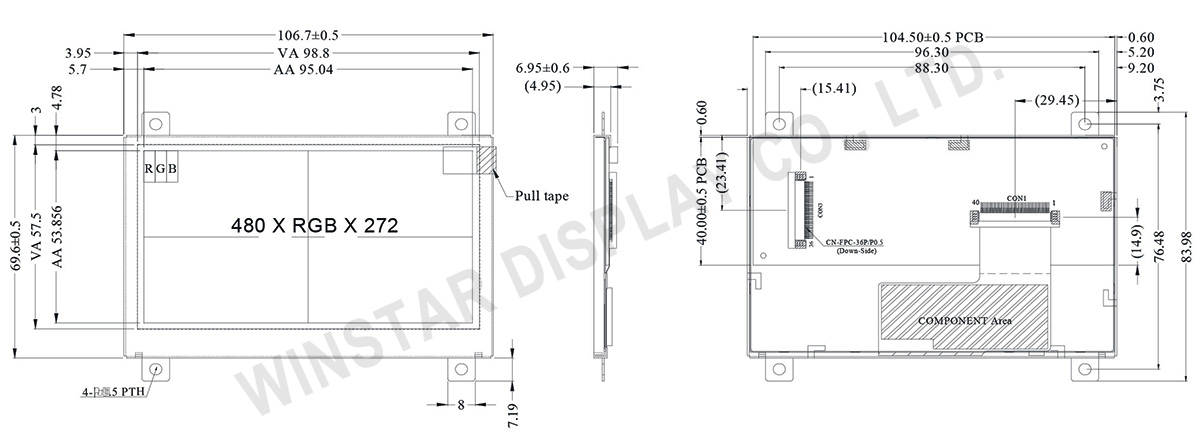 4.3" SSD1963 TFT LCD Panel with Controller Board, 4.3 TFT LCD Screen with Controller Board - WF43QTIBEDBND - Winstar