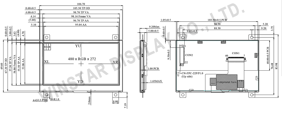 4.3 inch IPS 480x272 RTP with Controller Board, Frame - WF43WTYBEDAT0