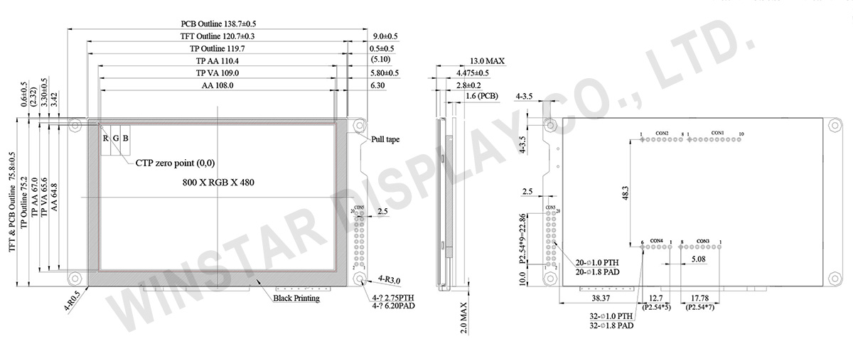 5-inch 800x480 TFT IPS LCD Module with Projected Capacitive Touch & BT815Q Control Board - WF50FSYBGDSGA