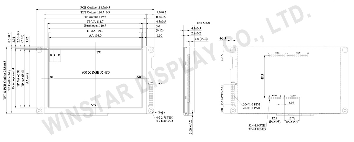 5-inch 800x480 TFT IPS LCD Module with Resistive Touch & BT815Q Control Board - WF50FSYBGDST0