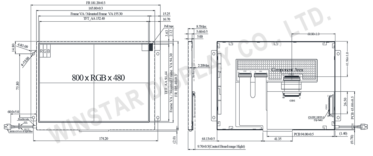 TFT LCD 800x480 with Controller Board - WF70C4TIBGDAN0