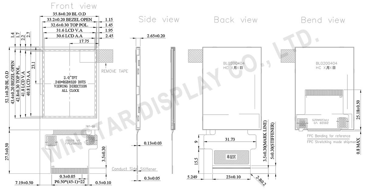 Transflective Screen, 2-inch TFT LCD Display with IPS Transflective Screen - WFN0200A2T07ADNN000