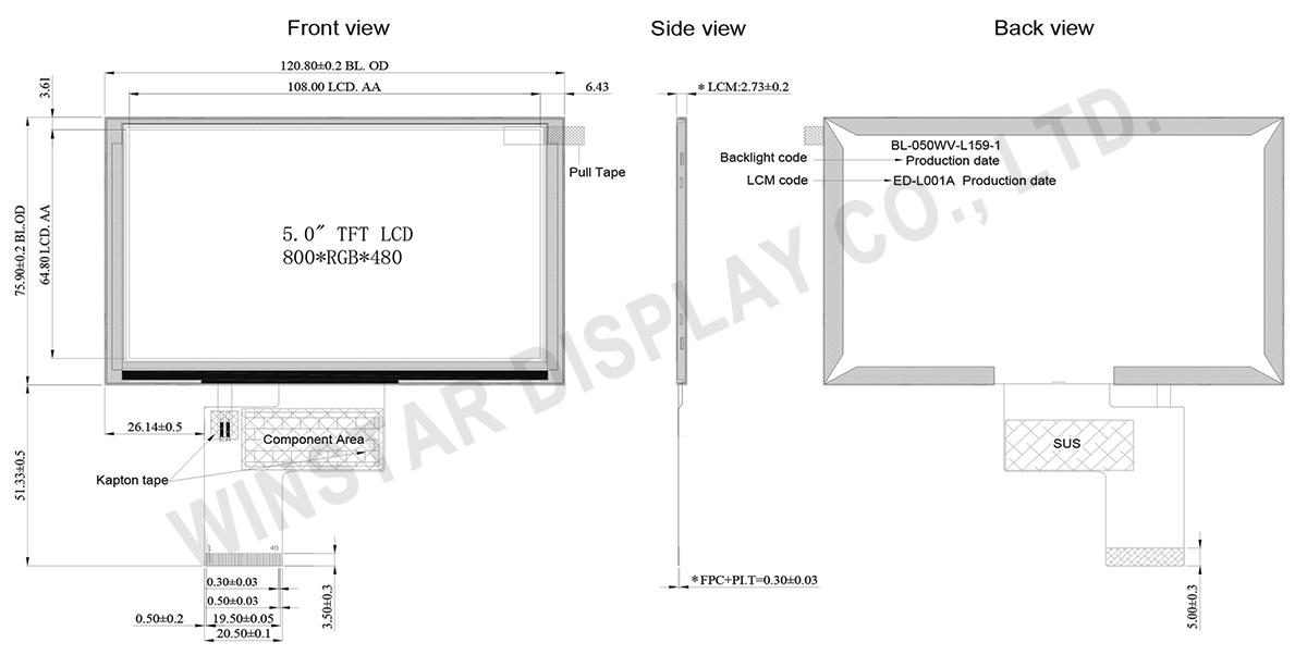 Transflective Color Display, Transflective Color TFT, Transflective LCD Module - WFN0500A2T08ADNN000