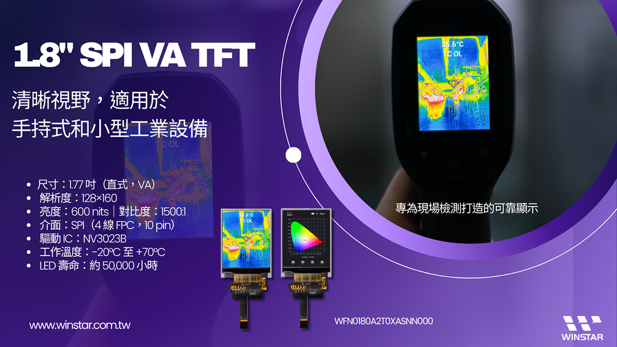 1.8吋 128x160 VA TFT LCD 顯示器模組 - WFN0180A2T0XASNN000
