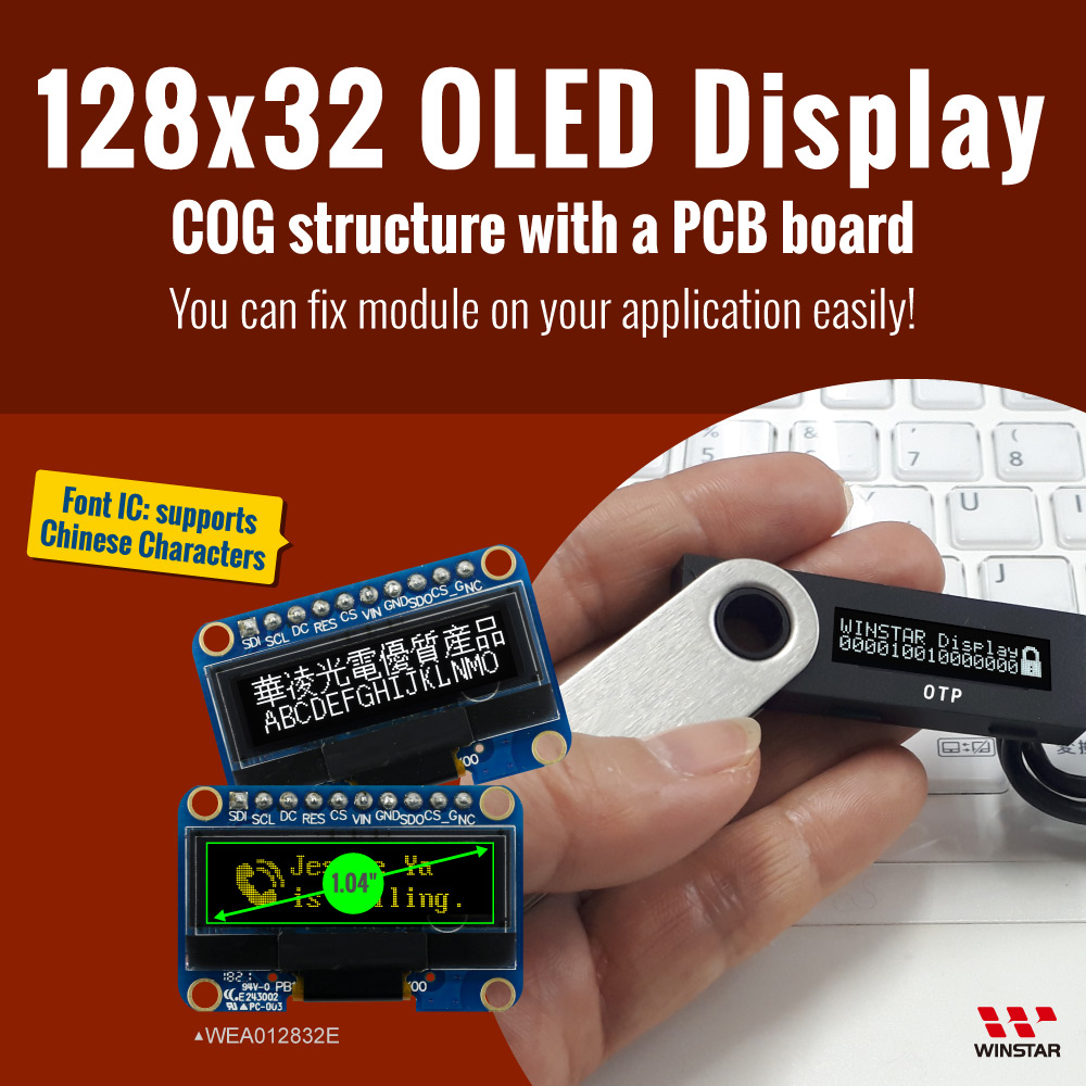 Display OLED SSD1306  de 1,04, COG OLED SSD1306 com PCB - WEA012832E